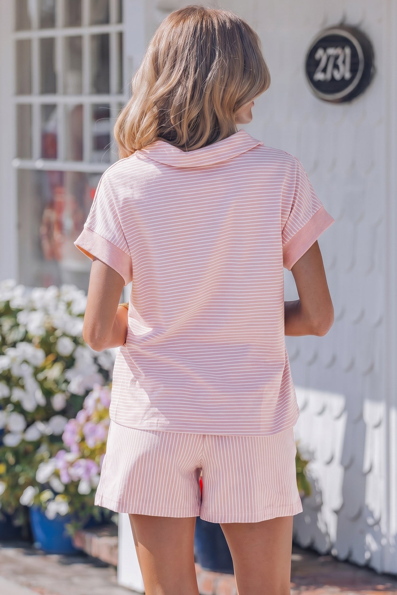 Striped Dolman Sleeve Polo Shirt and Drawstring Shorts Two Piece Set
