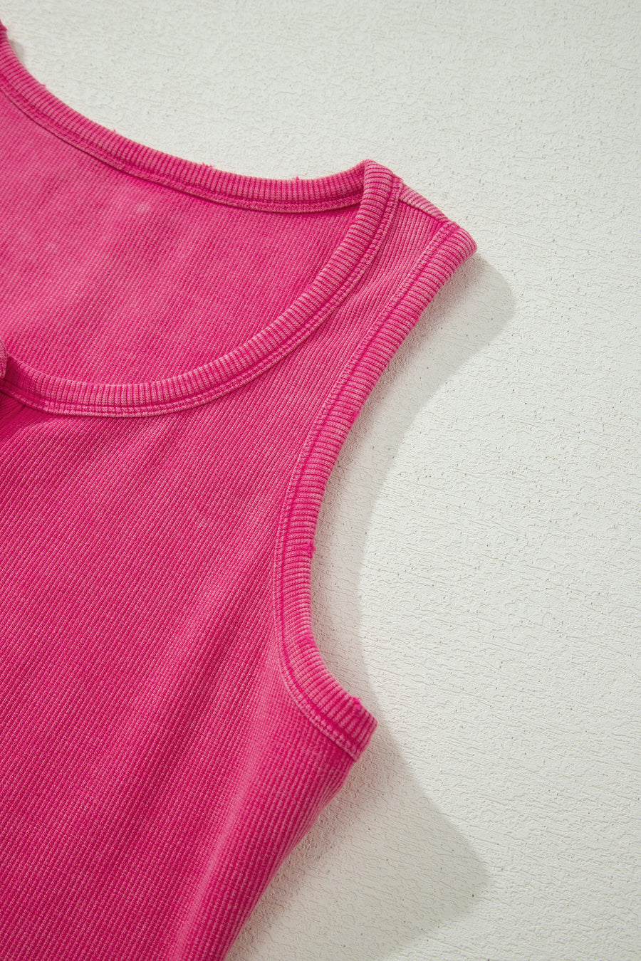 Vintage Distressed Ribbed Mineral Wash Button Neck Tank Top — close-up detail | Fashionfitz UK