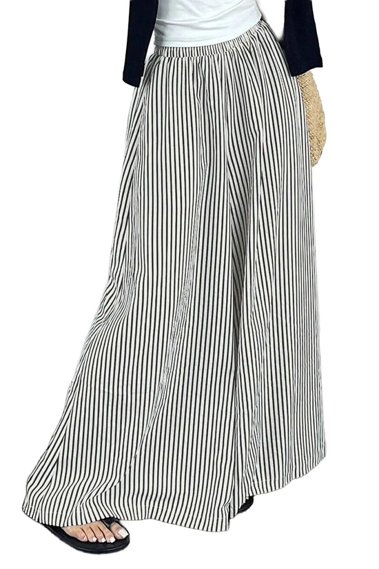 Black stripe elastic waist ultra wide leg pants