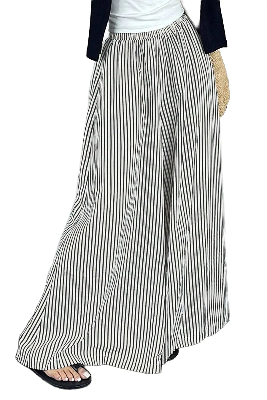 Black stripe elastic waist ultra wide leg pants