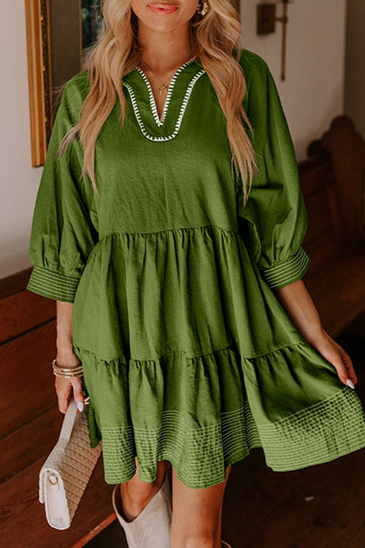 Stitch Detail Tiered V Neck Dress