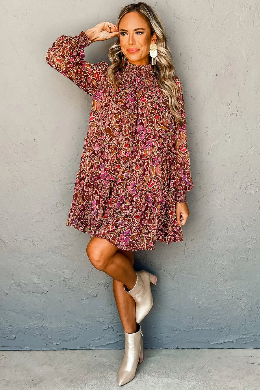 Red Floral Long Sleeve Shirred High Neck Mini Dress Women UK — side detail