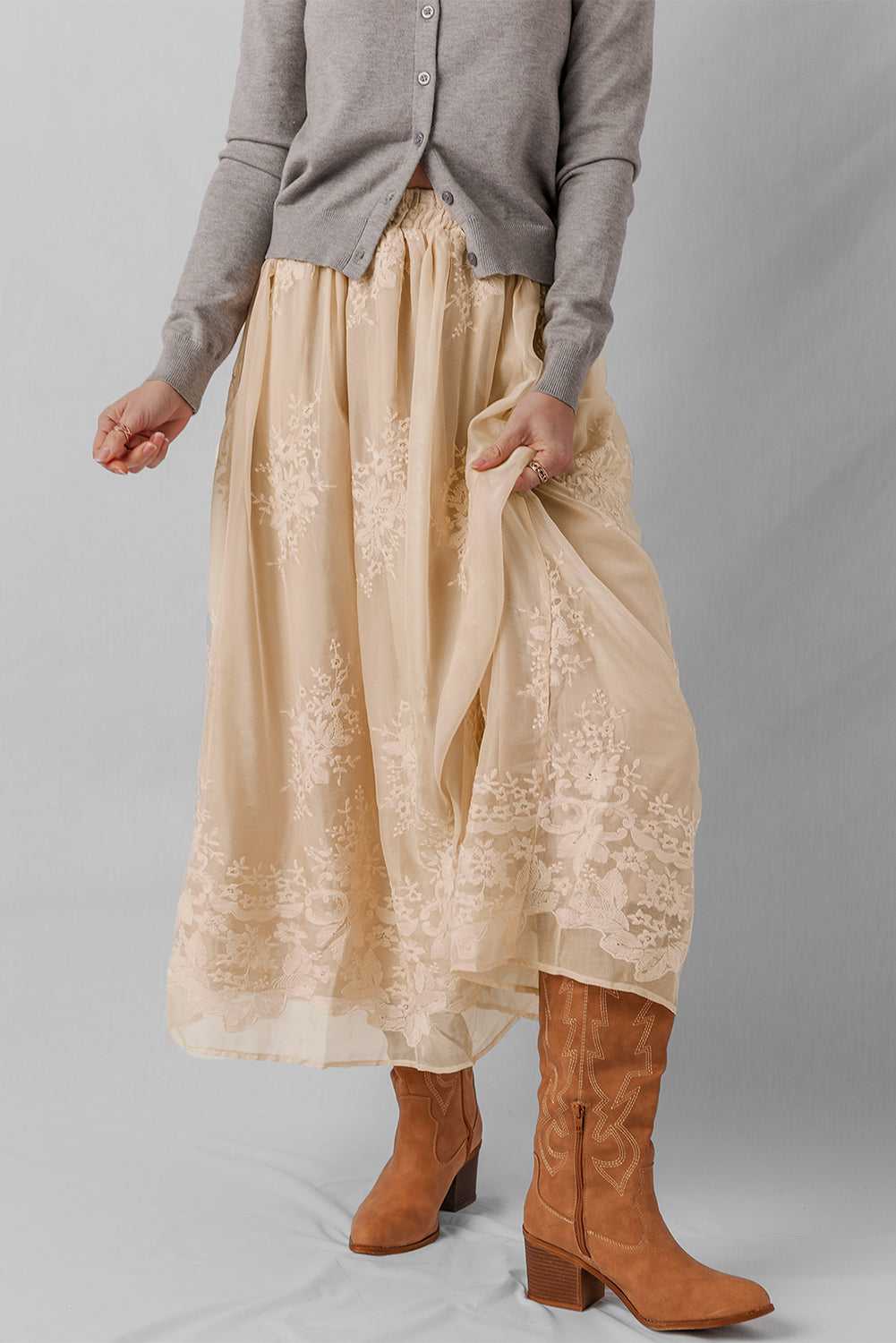 Embroidered Mesh Overlay Flowy Skirt
