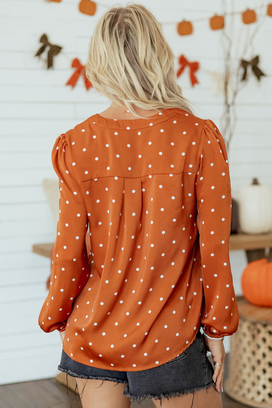 Brown Polka Dot Half Button V-Neck Long Sleeve Blouse Women UK