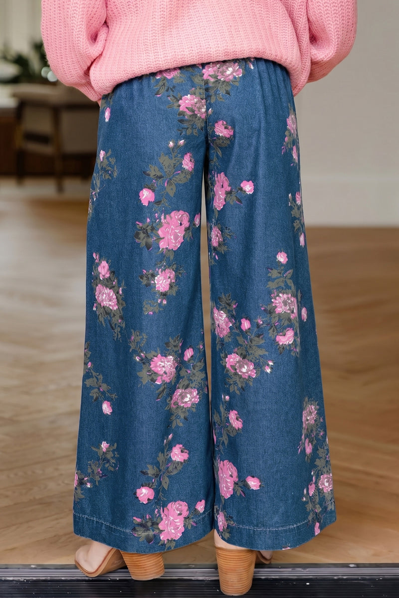 Floral Print Wide Leg Drawstring Waist Pintuck Jeans Women UK