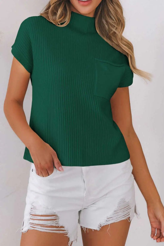 Green Ribbed Knit Short Sleeve Sweater styled with white distressed shorts, showcasing soft fabric and front pocket detail.