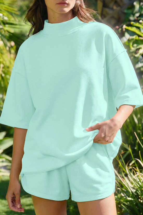 Exposed seam mock neck oversized tee shorts two piece set pockets outfit sets