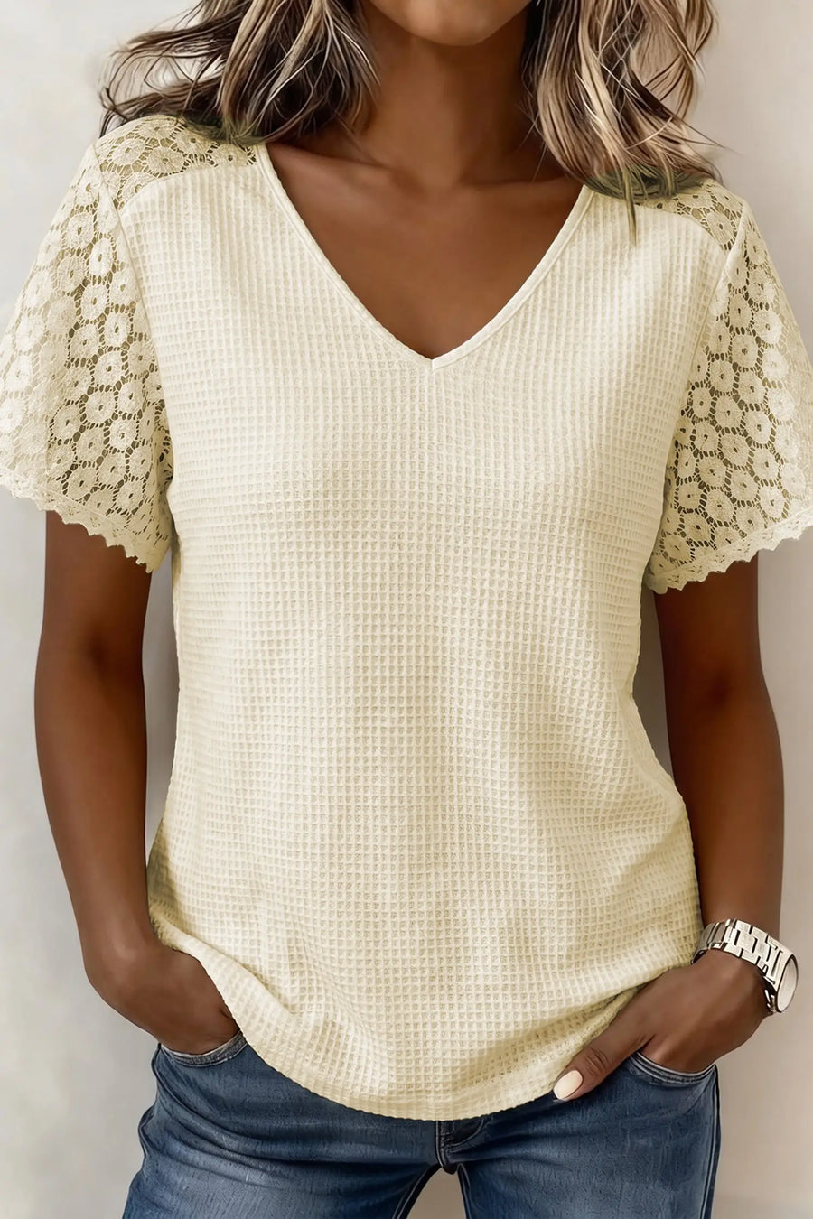 Women's lace trim waffle knit blouse UK — summer casual elevated style