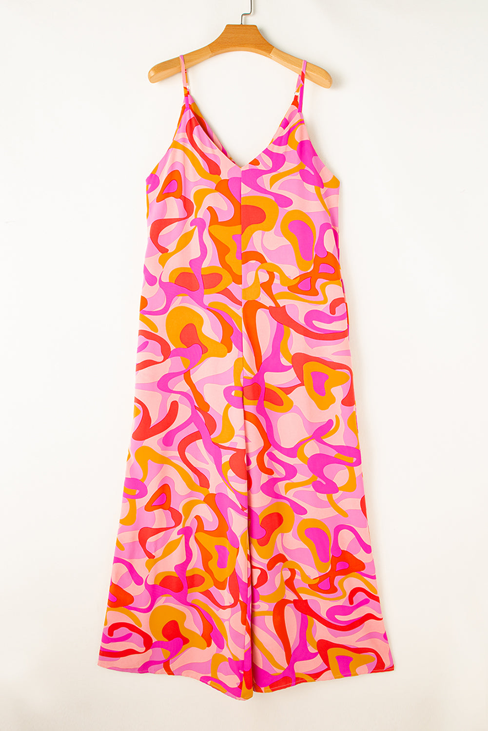Pink Boho Jumpsuit - Abstract Print V Neck Wide Leg