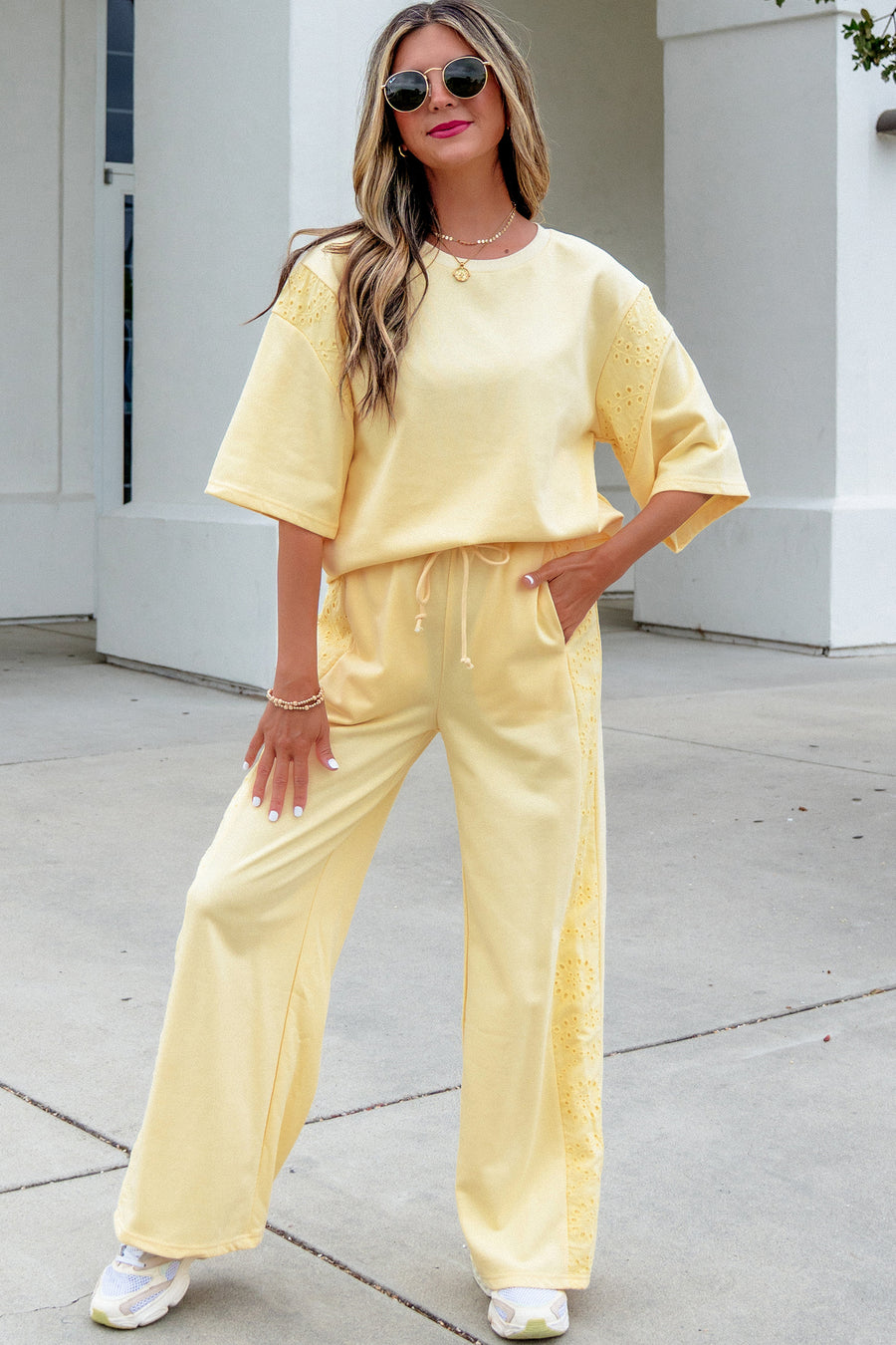Lace Patchwork Half Sleeve Top & Wide Leg Pants Two Piece Set