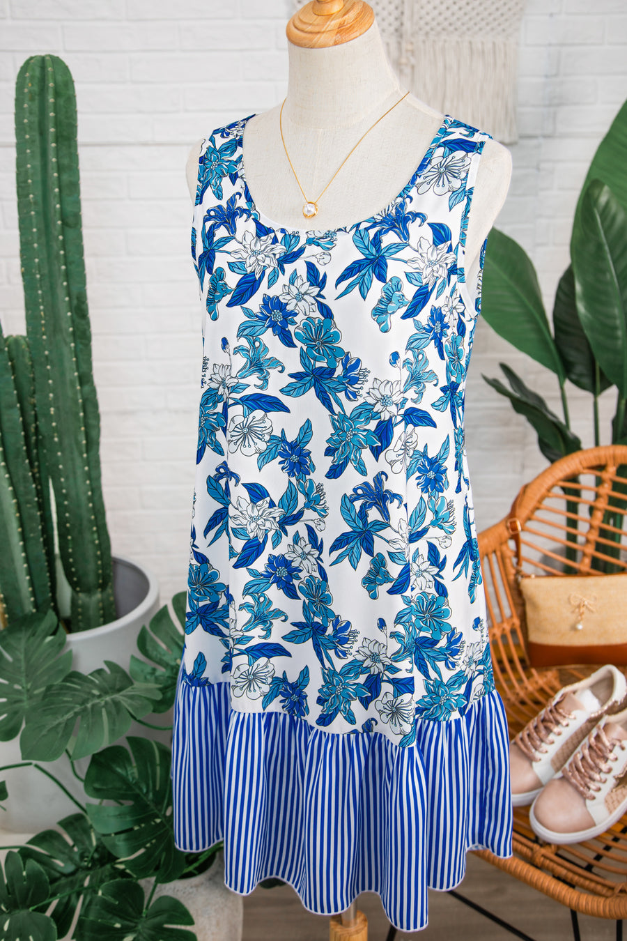 Sky Blue Floral U Neck Sleeveless Striped Ruffle Hem Dress Women UK — model shot