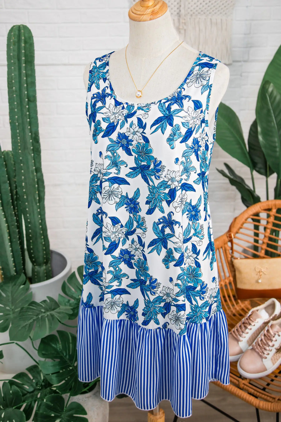 Sky Blue Floral U Neck Sleeveless Striped Ruffle Hem Dress Women UK — model shot