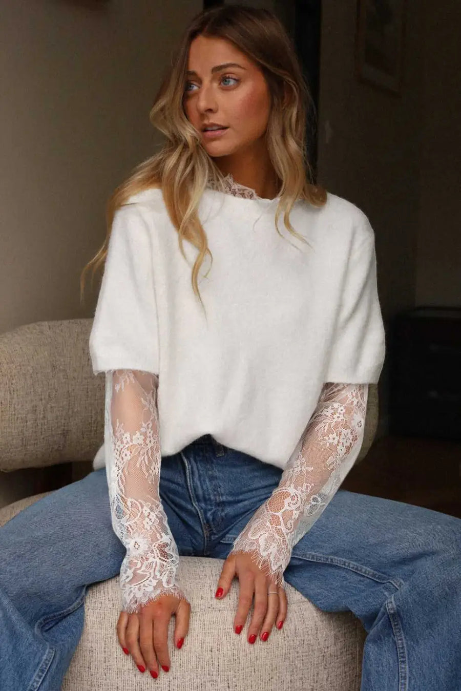 Beige lace sleeve fuzzy sweater women uk | fashionfitz