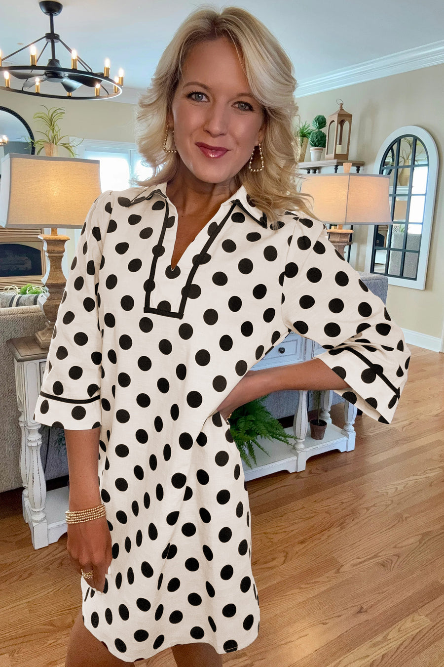 Polka dot collar pocketed mini dress — model lifestyle shot