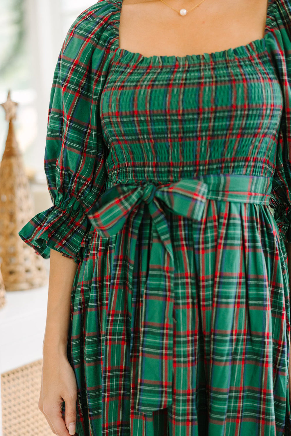 Red Green Tartan Plaid Flared Midi Dress