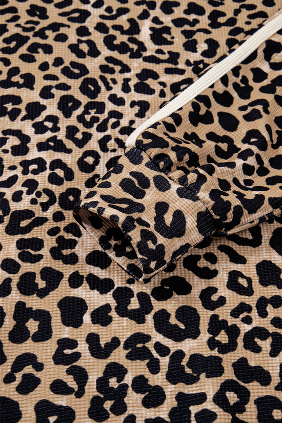 Leopard Print Waffle Knit Kangaroo Hoodie
