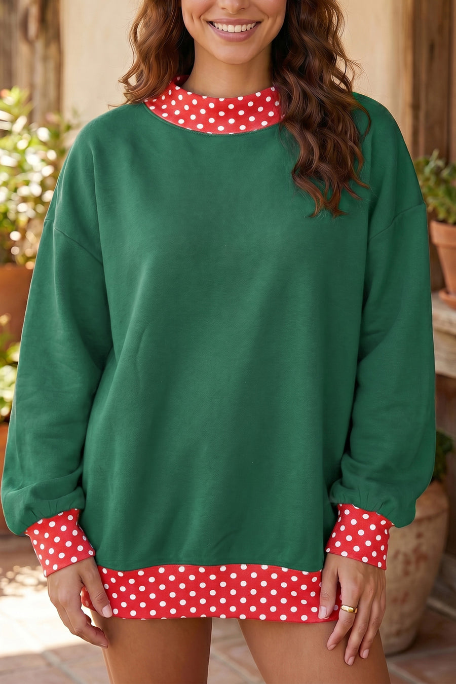 Pink Colorblock Polka Dot Contrast Trim Oversized Sweatshirt Women UK