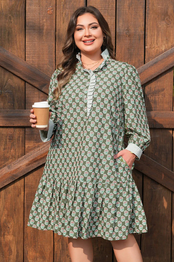 Green Plus Size Floral Frilled Collar 3/4 Sleeve Dress Women UK — front view