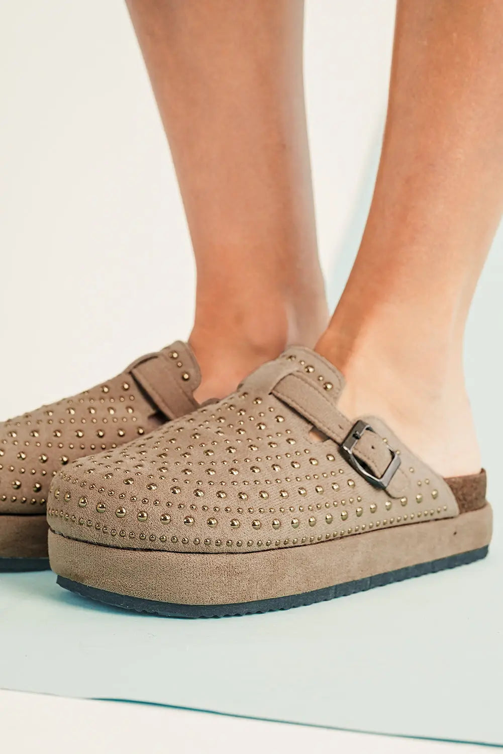 Parchment rivet buckle closed toe platform slippers