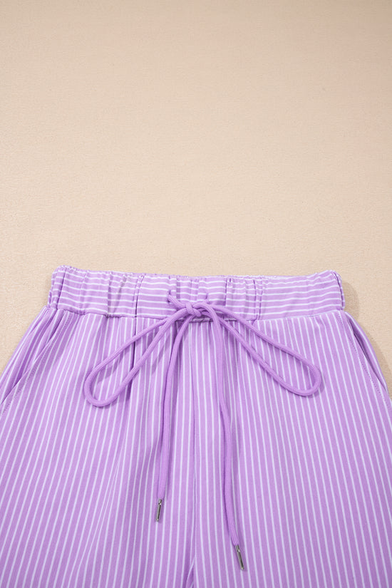 Striped Dolman Sleeve Polo Shirt and Drawstring Shorts Two Piece Set