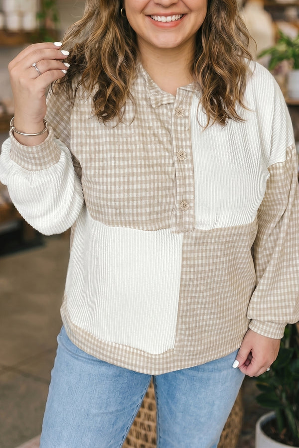 Woman wearing patchwork checkered long sleeve round neck plus size blouse