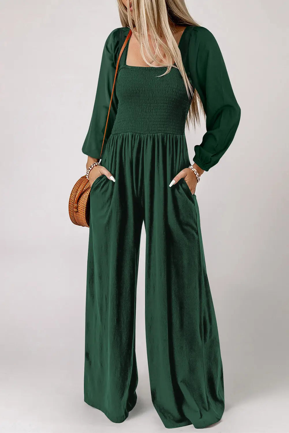 Smocked Wide Leg Jumpsuit - Fashionfitz
