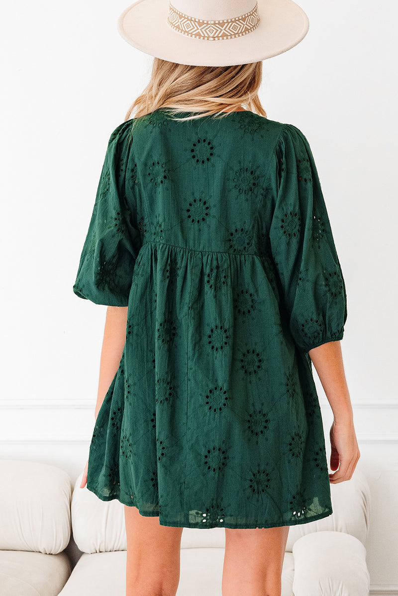 Blackish Green Embroidered Eyelet 3/4 Puff Sleeve Swing Mini Dress Women UK