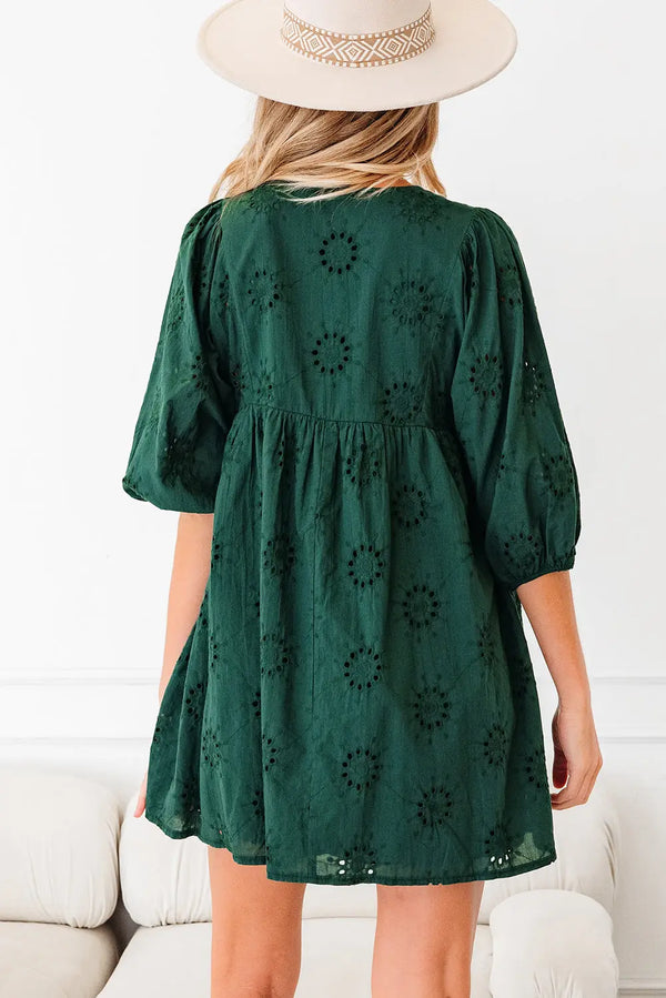 Blackish Green Embroidered Eyelet 3/4 Puff Sleeve Swing Mini Dress Women UK