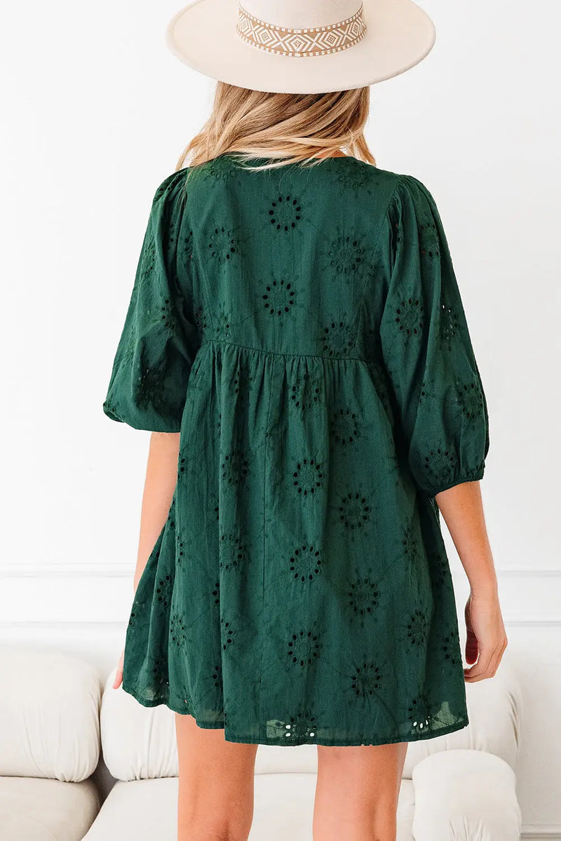 Blackish Green Embroidered Eyelet 3/4 Puff Sleeve Swing Mini Dress Women UK