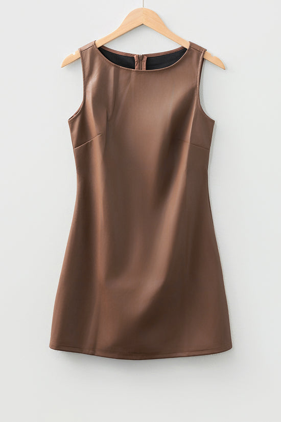 Brown Faux Leather Sleeveless Mini Dress
