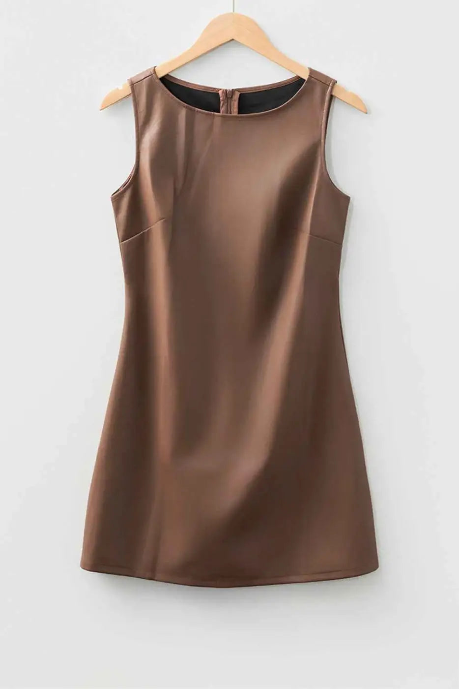 Brown faux leather sleeveless mini dress | fashionfitz