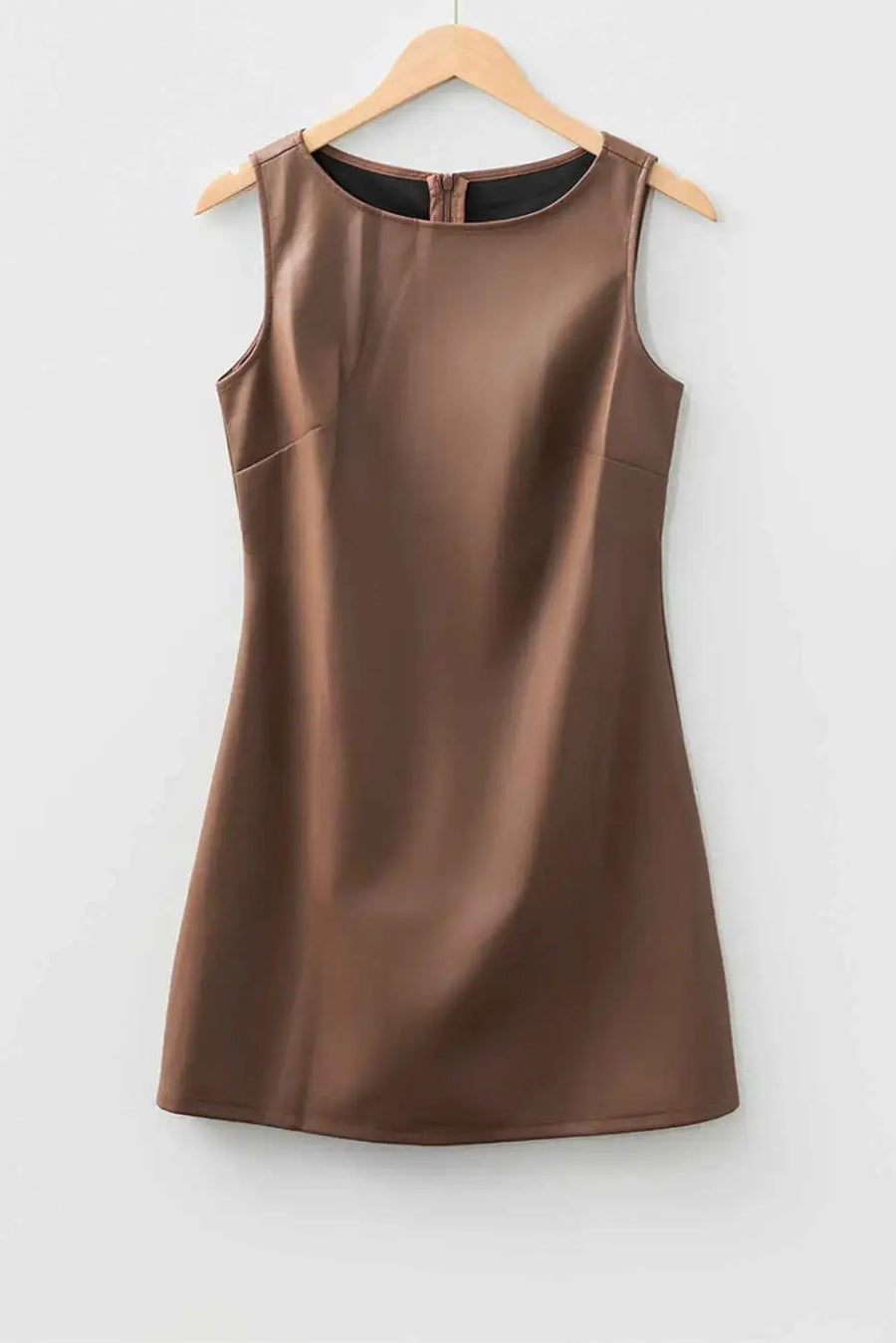 Brown faux leather sleeveless mini dress | fashionfitz