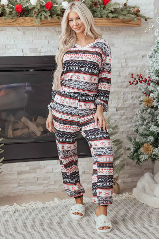 Black christmas retro print lounge set v-neck top high waist pants loungewear