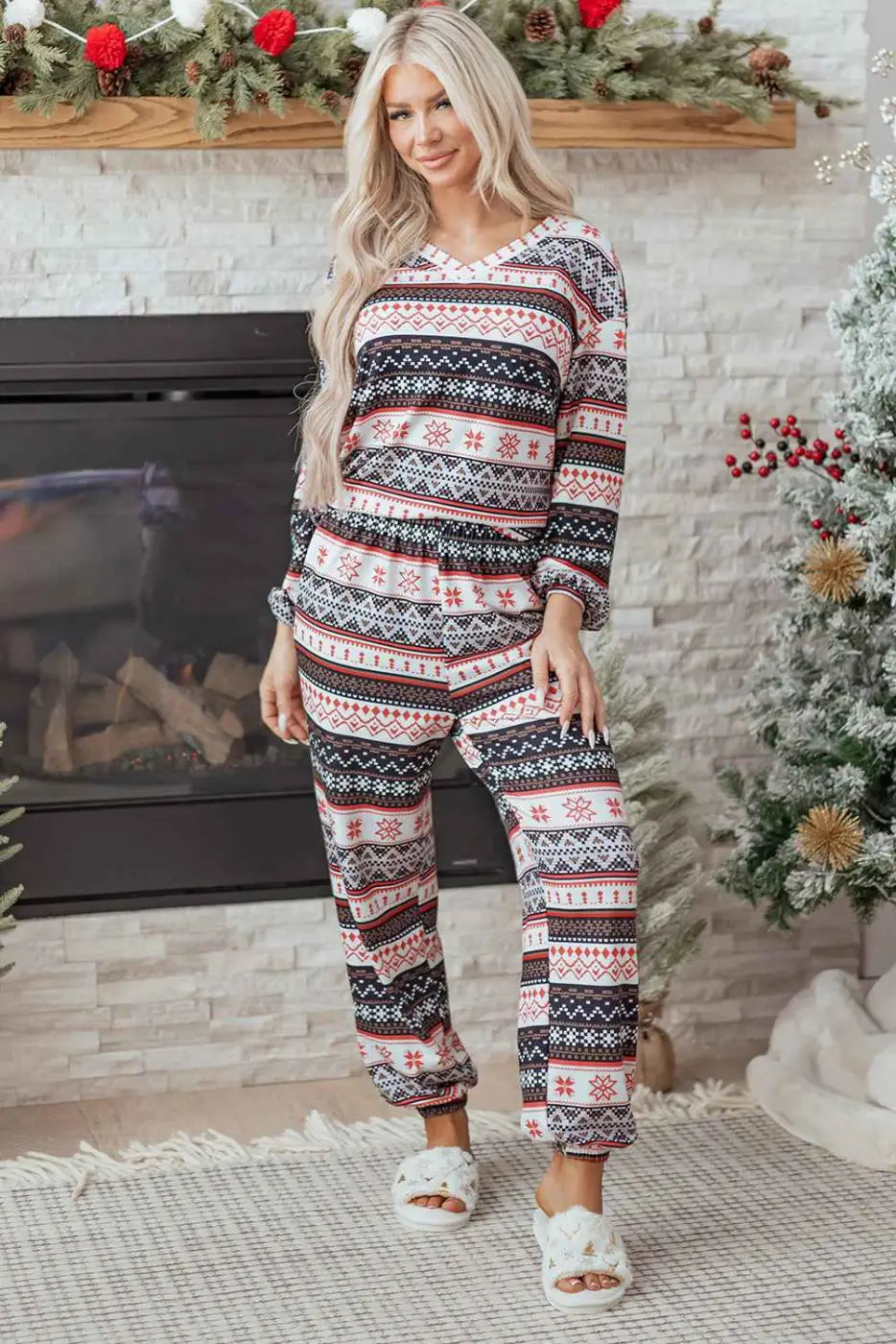 Black christmas retro print lounge set v-neck top high waist pants loungewear