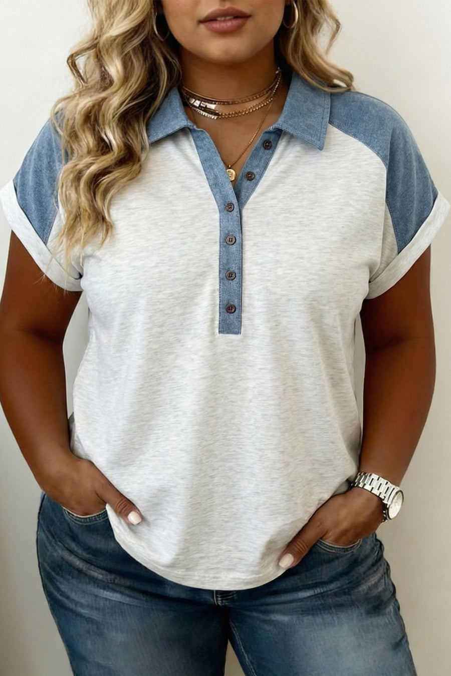 Contrast Denim Patchwork Cuffed Sleeve Plus Size Polo Tee UK