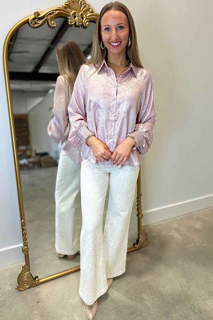 Button Front Ruffle Cuffs Back Paneling Blouse