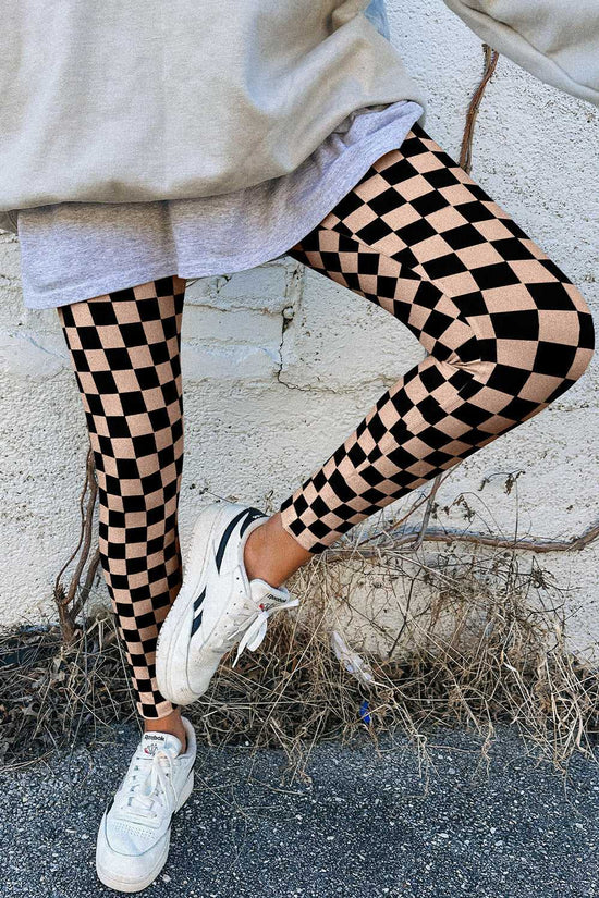 Black and beige Checkered Pattern Skinny Leggings paired with oversized sweatshirt, ideal for casual spring outfits.