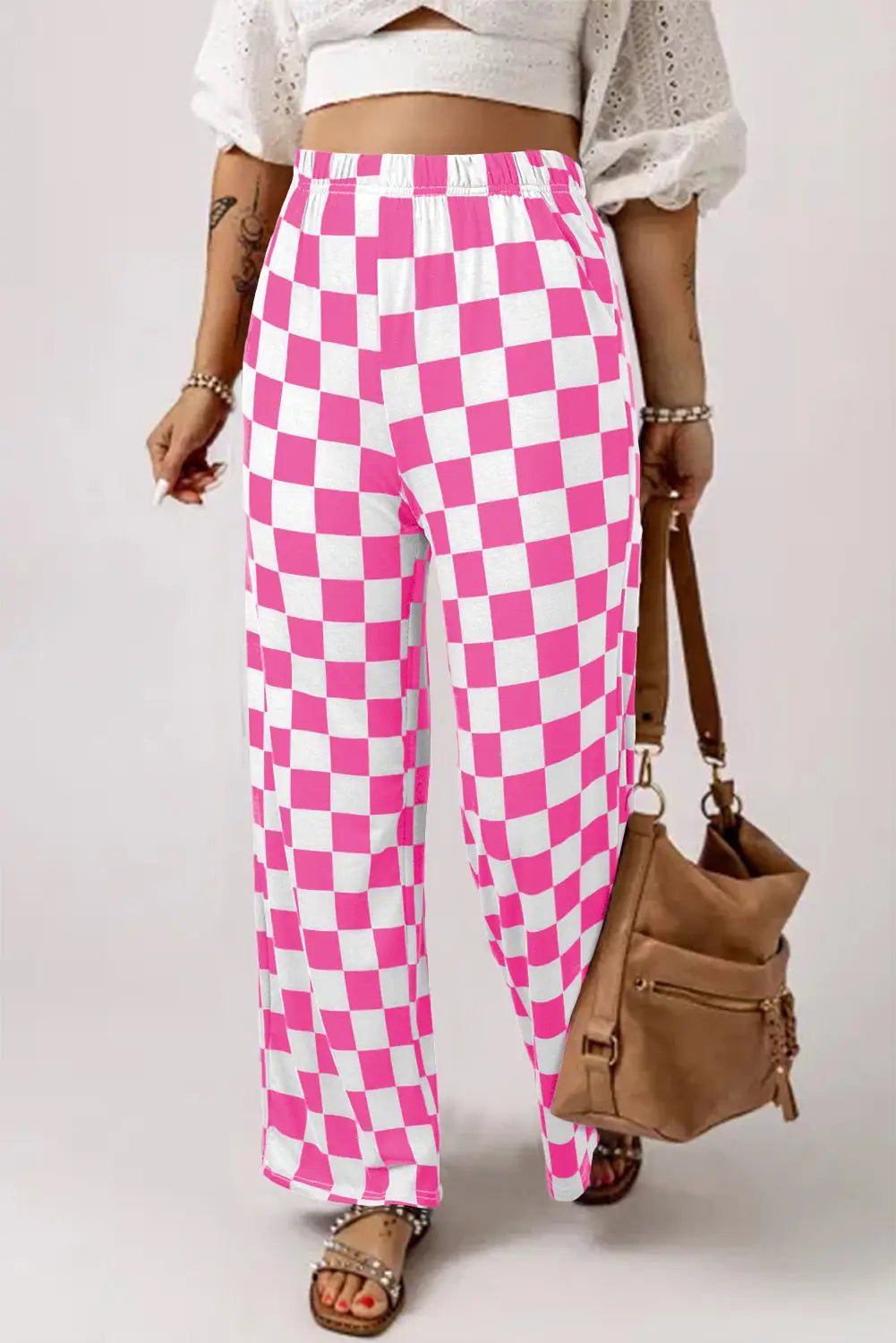 Red 2-tone checked print high waist wide leg pants