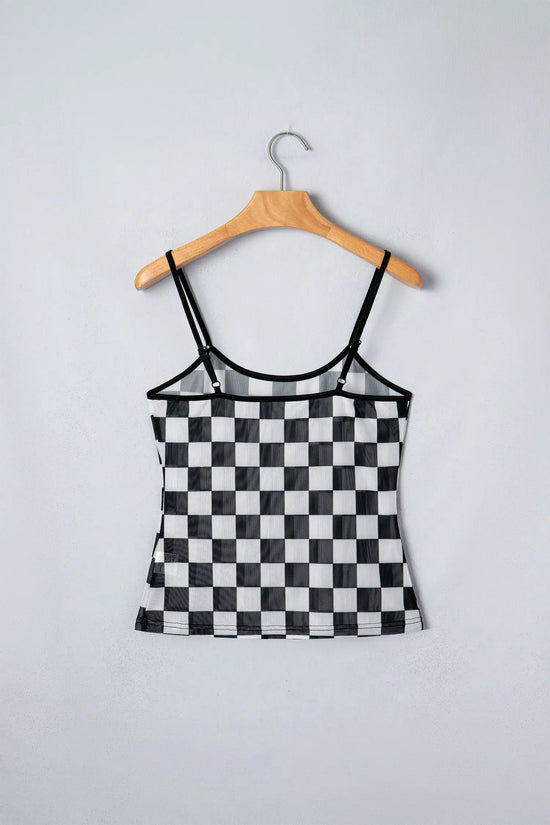 Sheer checkered print spaghetti strap slim crop tank top tops