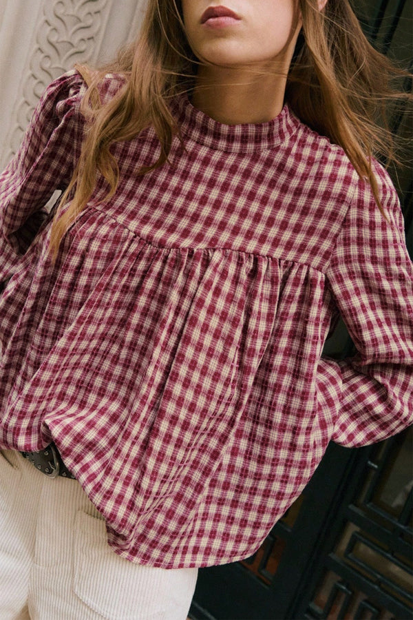Plaid Long Sleeve Button Keyhole Pleated Loose Blouse Women UK
