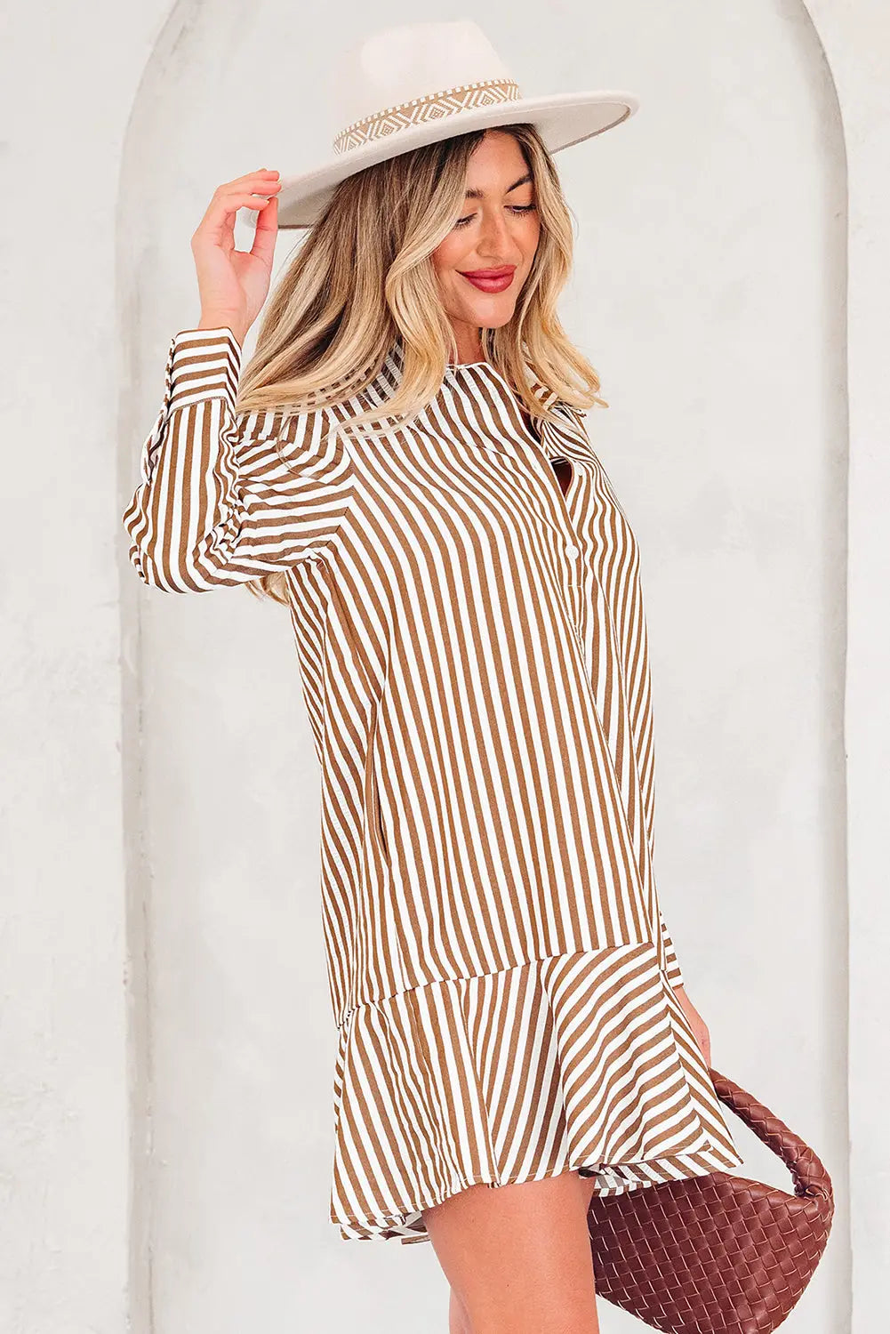 Brown stripe ruffled hem collared long sleeve mini