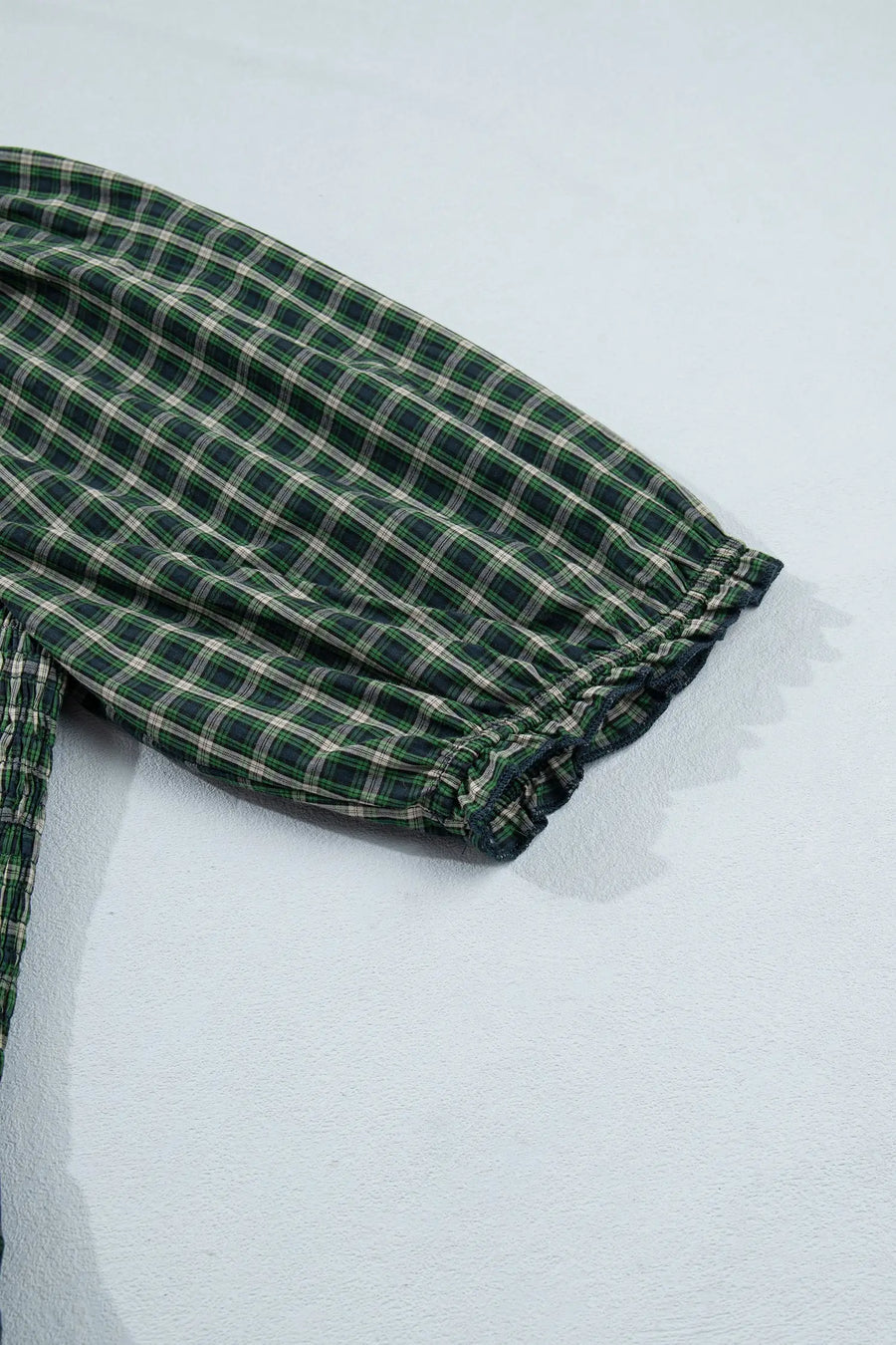Plaid Square Neck Shirred High Waist Ruffle Hem Dress — front detail | Fashionfitz UK