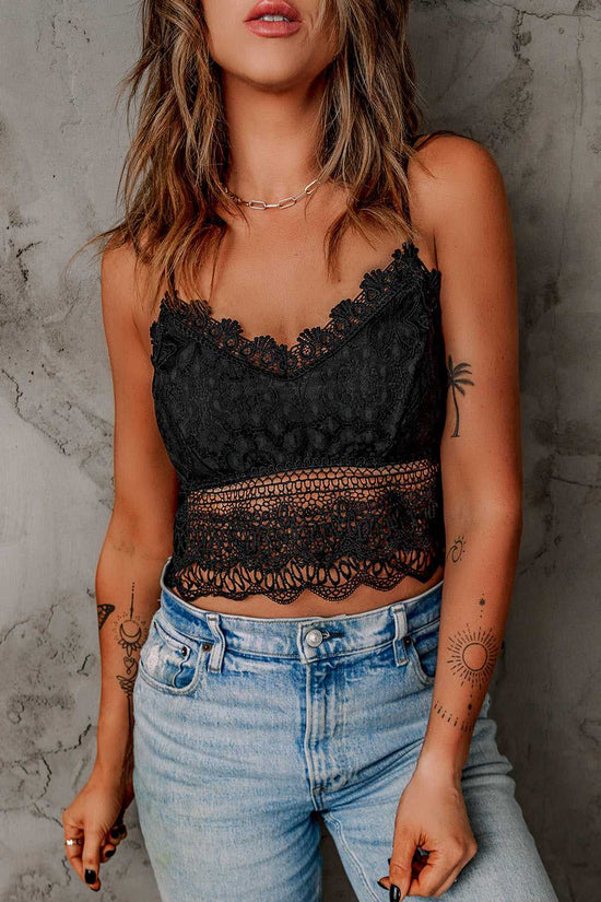 Women’s Black Crochet Lace Bralette Crop Top styled with light-wash jeans, featuring scalloped lace trim and a fitted stretch design.