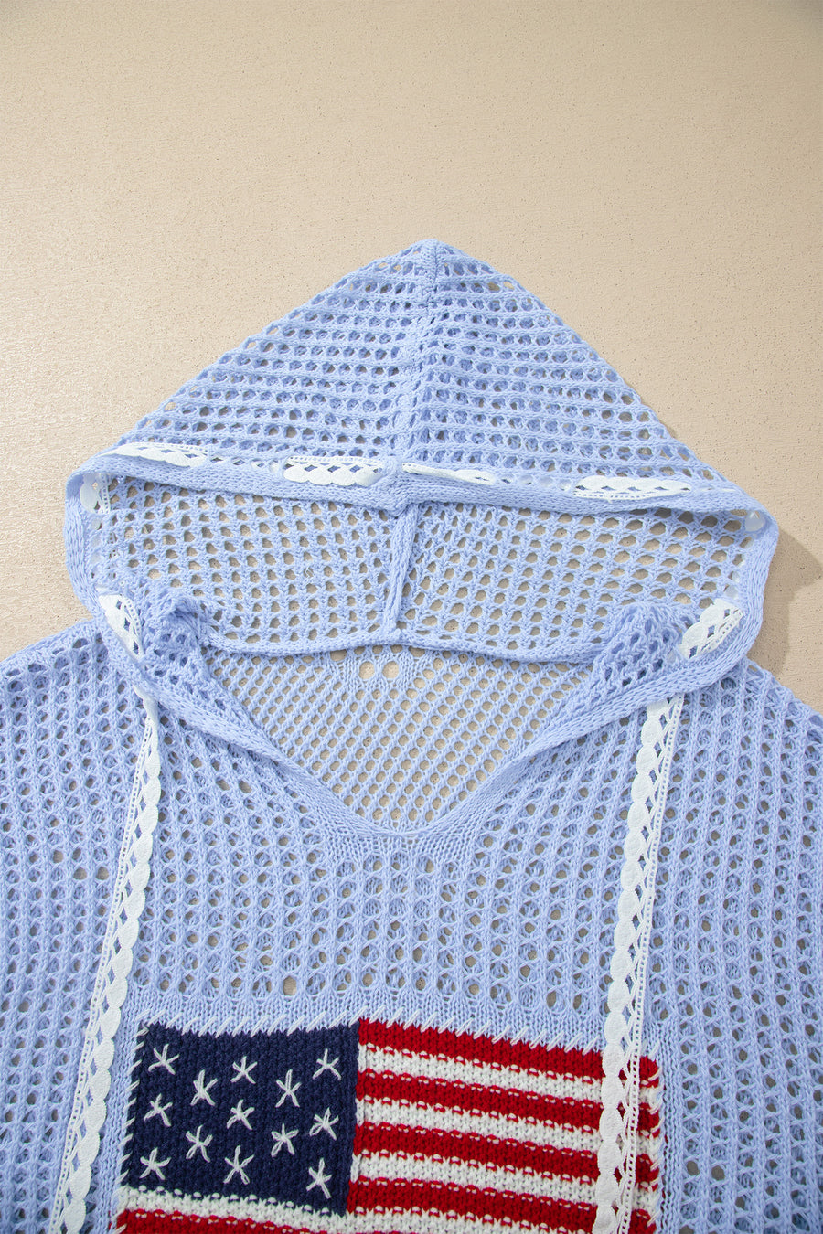 Hollow Out Crochet Knit American Flag Patch Drawstring Hoodie