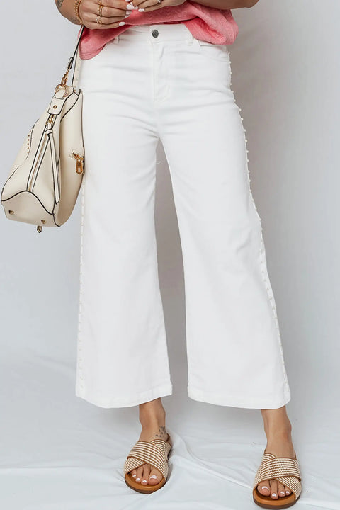 Pearl embellished wide leg ankle length jeans front view — Fashionfitz UK