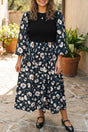 Black Floral Print Long Sleeve Round Neck Shift Plus Size Dress