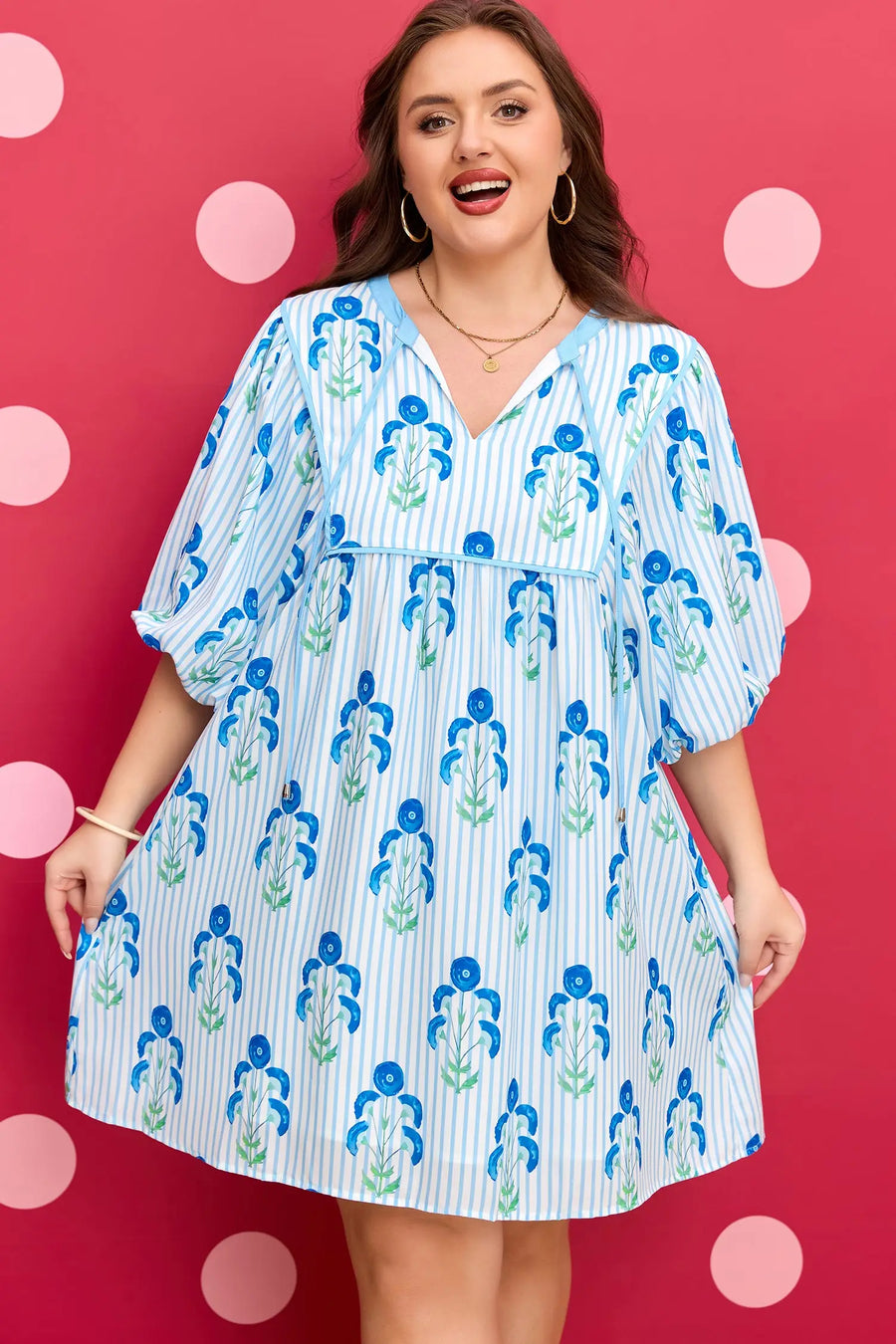 Sky Blue Plus Size Floral Striped Bubble Short Sleeve Dress Women UK — lifestyle view