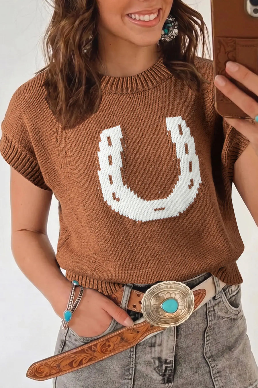 Chestnut Western Horseshoe Print Short Sleeve Knit Top
