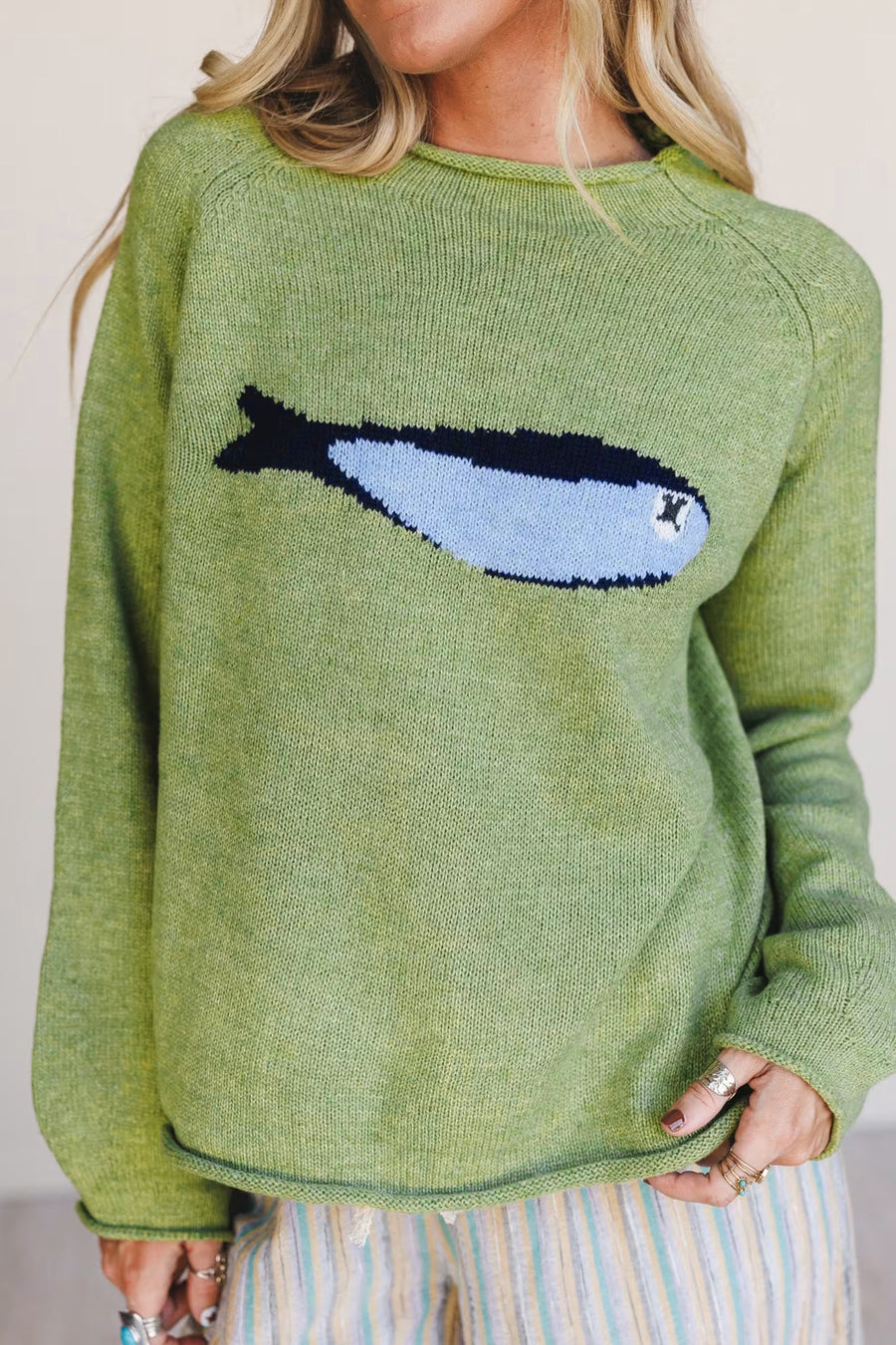 Fish Knit Oversized Round Neck Sweater