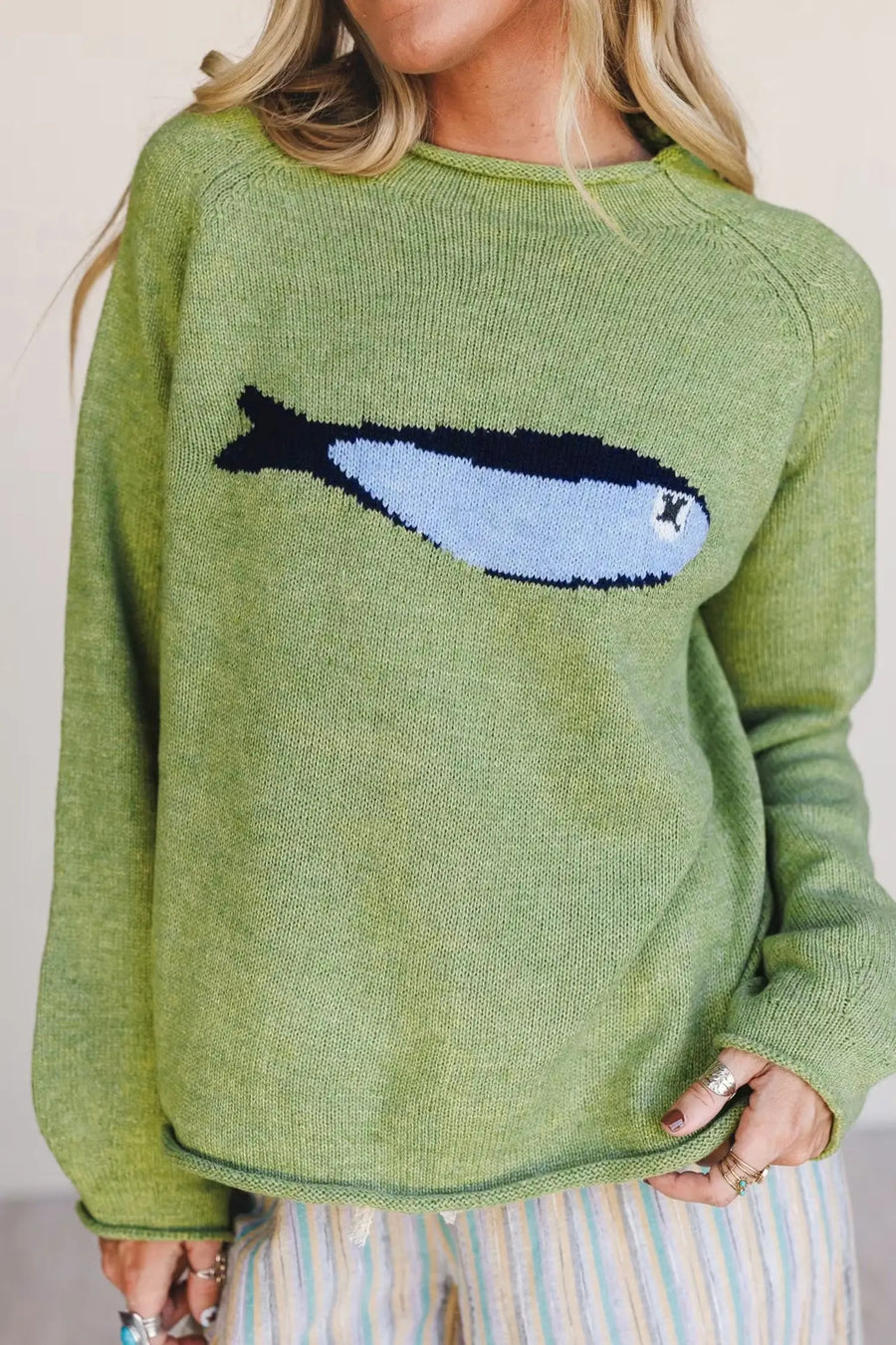 Fish Knit Oversized Round Neck Sweater